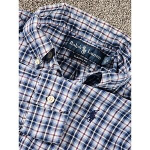 Ralph Lauren Classic Fit plaid button-down oxford shirt in blue, white, and red.